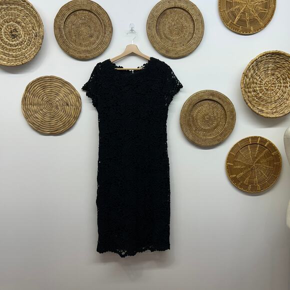 Elie Tahari Neutral Black Lace Layered Short Sleeve Below Knee Midi Dress 12 - Picture 2 of 7